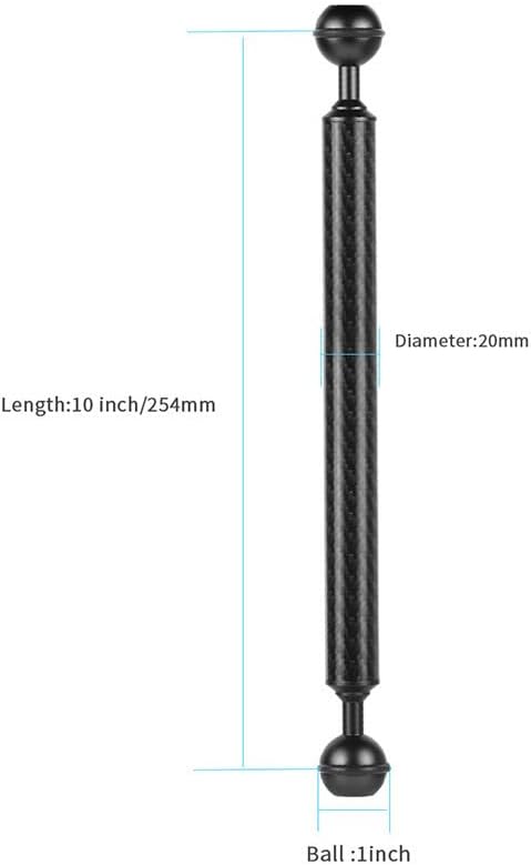 Carbon Fiber Underwater Float Arm, 1-inch Dual Ball Buoyancy Arm for Underwater Camera Tray, Video Light & Strobe for Scuba Diving Photography & Videography (Black, 10 inches)