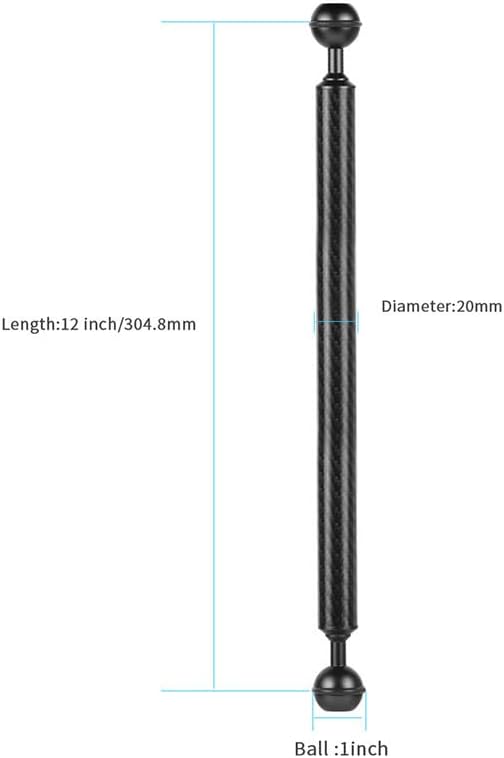 Carbon Fiber Underwater Float Arm, 1-inch Dual Ball Buoyancy Arm for Underwater Camera Tray, Video Light & Strobe for Scuba Diving Photography & Videography (Black, 12 inches)