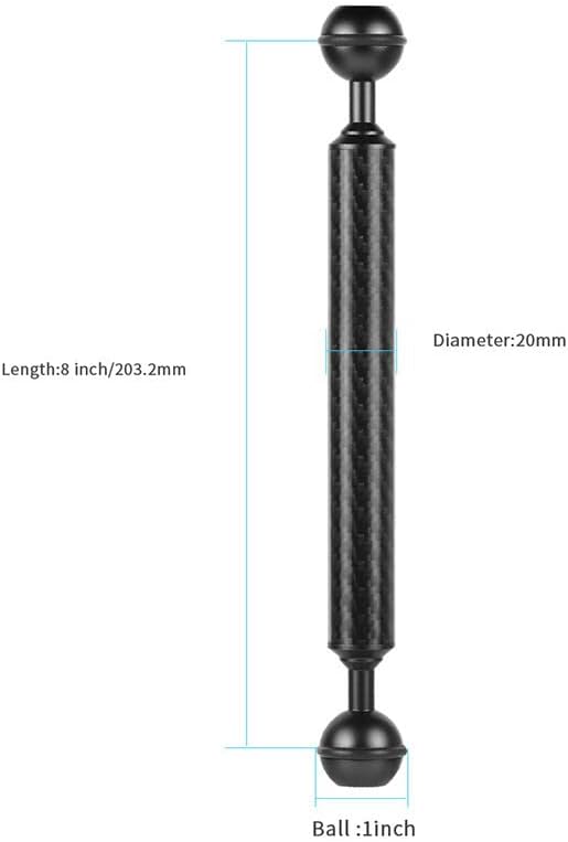 Carbon Fiber Underwater Float Arm, 1-inch Dual Ball Buoyancy Arm for Underwater Camera Tray, Video Light & Strobe for Scuba Diving Photography & Videography (Black, 8 inches)