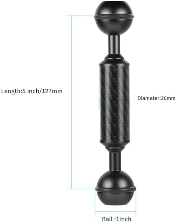 Carbon Fiber Underwater Float Arm, 1-inch Dual Ball Buoyancy Arm for Underwater Camera Tray, Video Light & Strobe for Scuba Diving Photography & Videography (Black, 5 inches)