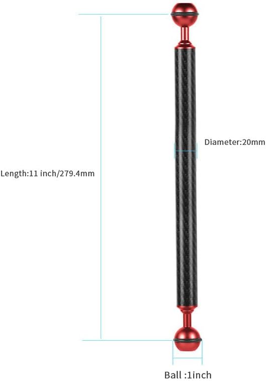 Carbon Fiber Underwater Float Arm, 1-inch Dual Ball Buoyancy Arm for Underwater Camera Tray, Video Light & Strobe for Scuba Diving Photography & Videography (Red, 11 inches)
