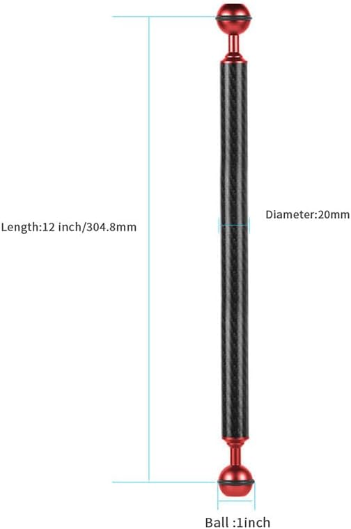 Carbon Fiber Underwater Float Arm, 1-inch Dual Ball Buoyancy Arm for Underwater Camera Tray, Video Light & Strobe for Scuba Diving Photography & Videography (Red, 12 inches)
