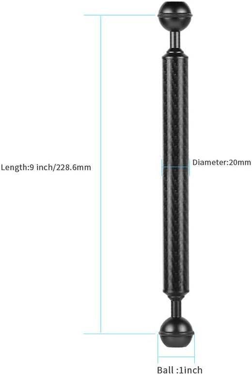 Carbon Fiber Underwater Float Arm, 1-inch Dual Ball Buoyancy Arm for Underwater Camera Tray, Video Light & Strobe for Scuba Diving Photography & Videography (Black, 9 inches)