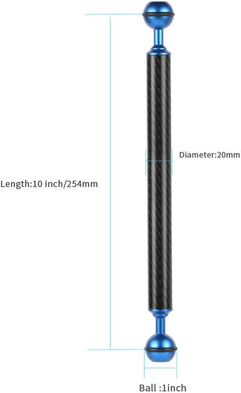 Carbon Fiber Underwater Float Arm, 1-inch Dual Ball Buoyancy Arm for Underwater Camera Tray, Video Light & Strobe for Scuba Diving Photography & Videography (Blue, 10 inches)
