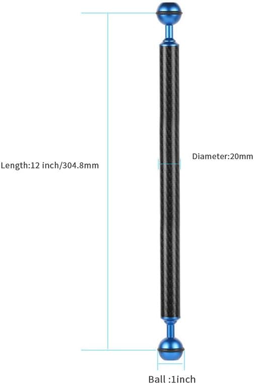 Carbon Fiber Underwater Float Arm, 1-inch Dual Ball Buoyancy Arm for Underwater Camera Tray, Video Light & Strobe for Scuba Diving Photography & Videography (Blue, 12 inches)