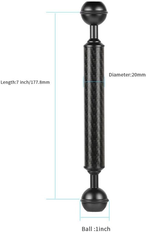 Carbon Fiber Underwater Float Arm, 1-inch Dual Ball Buoyancy Arm for Underwater Camera Tray, Video Light & Strobe for Scuba Diving Photography & Videography (Black, 7 inches)