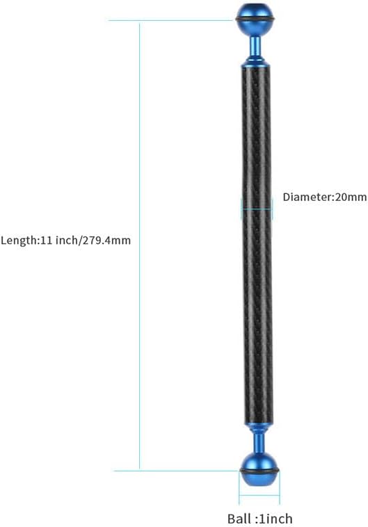 Carbon Fiber Underwater Float Arm, 1-inch Dual Ball Buoyancy Arm for Underwater Camera Tray, Video Light & Strobe for Scuba Diving Photography & Videography (Blue, 11 inches)