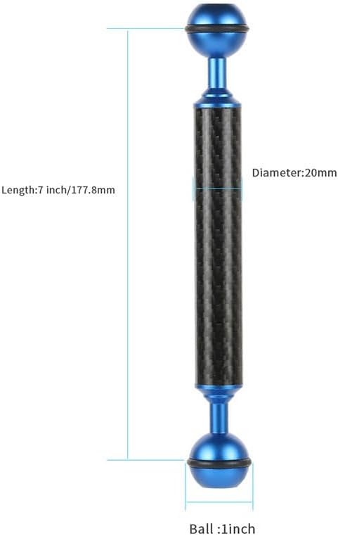 Carbon Fiber Underwater Float Arm, 1-inch Dual Ball Buoyancy Arm for Underwater Camera Tray, Video Light & Strobe for Scuba Diving Photography & Videography (Blue, 7 inches)