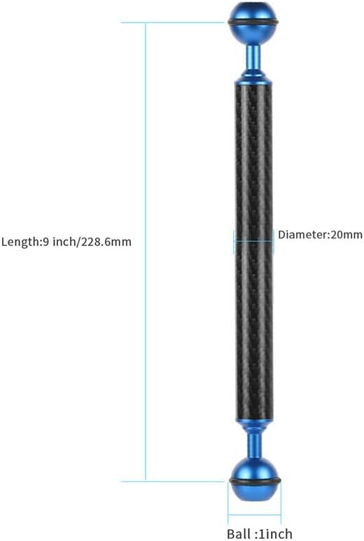 Carbon Fiber Underwater Float Arm, 1-inch Dual Ball Buoyancy Arm for Underwater Camera Tray, Video Light & Strobe for Scuba Diving Photography & Videography (Blue, 9 inches)