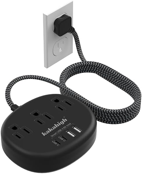 Black Extension Cord 10 Feet, 1625W Extension Cord 3 Prong with 3 AC Outlet 4 USB (24W/4.8A), Bedside Charging Station for Home, Office and Dorm