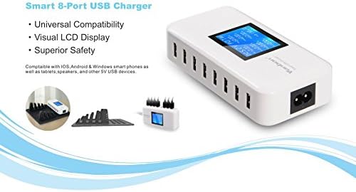 60W 8-Port USB Wall Charger, Multi Port USB Charger Charging Station W/LCD Compatible with Smart Phone, Tablet and Multiple Devices