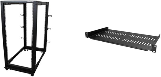 StarTech.com 4-Post 25U Mobile Open Frame Server Rack and 1U Server Rack Shelf Bundle