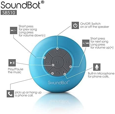 SoundBot SB510 HD Water Resistant Bluetooth Shower Speaker, Handsfree Portable Speakerphone with Built-in Mic, 6hrs of Playtime, Control Buttons and Dedicated Suction Cup_Blue