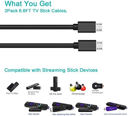 2PCS USB Power Cord Compatible with Fire TV Stick,Roku Streaming Stick 3500 3600 3800,Express Plus 3700 3710XB 3900R 3910XB 3920R 3930R,Premier Plus 3920R 3920XB,Charger Charging Cable Replacement 6ft