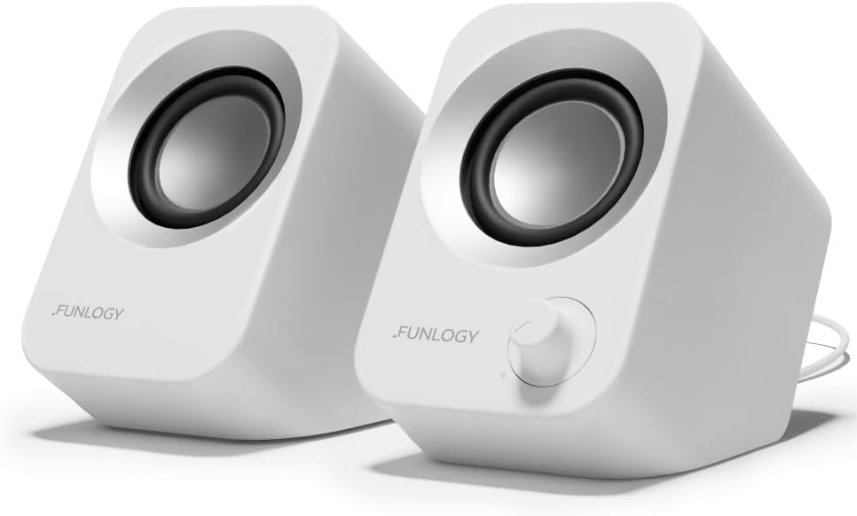 Speaker - 14W Stereo PC Speakers, USB Powered, Compact Size with 30° Tilt Design, Volume Dial Control, for Desktop, Laptop, Monitor, Gaming Consoles, White