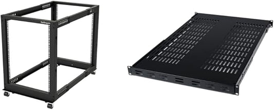 StarTech.com 4-Post 15U Mobile Open Frame Server Rack and 1U Adjustable Vented Server Rack Mount Shelf Bundle