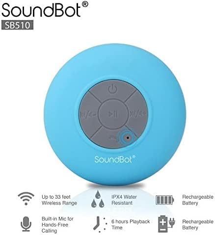 SoundBot SB510 HD Water Resistant Bluetooth Shower Speaker, Handsfree Portable Speakerphone with Built-in Mic, 6hrs of Playtime, Control Buttons and Dedicated Suction Cup_Blue