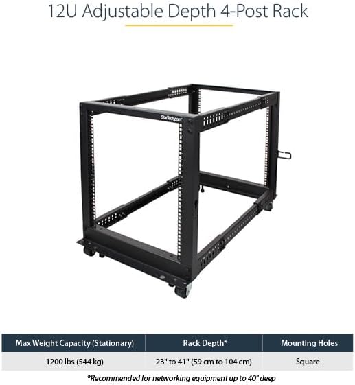 StarTech.com 4-Post 12U Mobile Open Frame Server Rack, 19in Network Rack with Wheels, Rolling Rack for Computer/AV/Data/IT Equipment - Casters, Leveling Feet or Floor Mounting (4POSTRACK12U)
