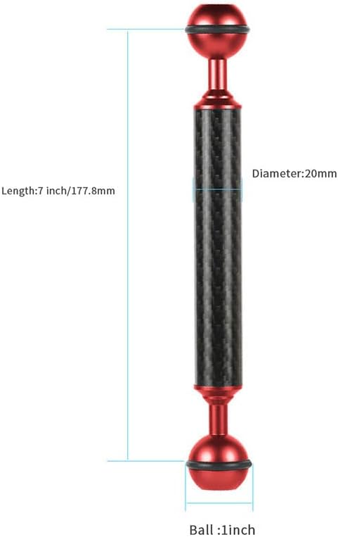 Carbon Fiber Underwater Float Arm, 1-inch Dual Ball Buoyancy Arm for Underwater Camera Tray, Video Light & Strobe for Scuba Diving Photography & Videography (Red, 7 inches)