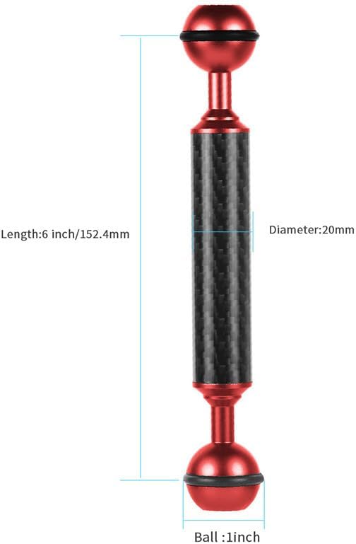 Carbon Fiber Underwater Float Arm, 1-inch Dual Ball Buoyancy Arm for Underwater Camera Tray, Video Light & Strobe for Scuba Diving Photography & Videography (Red, 6 inches)