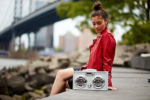 Mini Boombox with LED Speakers – Retro Bluetooth Speaker w/Enhanced FM Radio - Perfect for Home and Outdoor (Iridescent Bling)