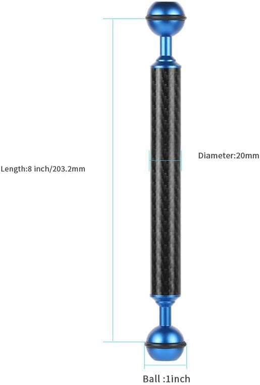 Carbon Fiber Underwater Float Arm, 1-inch Dual Ball Buoyancy Arm for Underwater Camera Tray, Video Light & Strobe for Scuba Diving Photography & Videography (Blue, 8 inches)