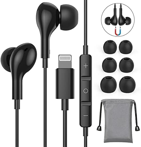 Guguearth Wired Headphones Earbuds for iPhone with Lightning Connector,Apple MFi Certified, Magnetic Wired Ear Buds Earphones with Built-in Mic Compatible 14 13 12 11 Pro Max X XS XR 8 7 Plus(Black)