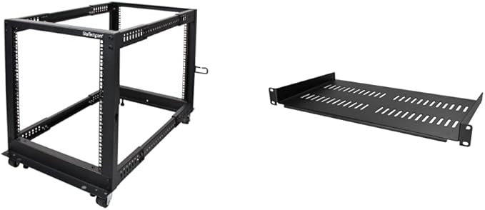 StarTech.com 4-Post 12U Mobile Open Frame Server Rack and 1U Server Rack Shelf Bundle