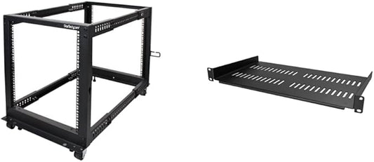 StarTech.com 4-Post 12U Mobile Open Frame Server Rack and 1U Server Rack Shelf Bundle