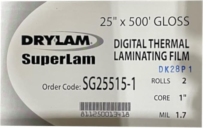 Dry-Lam SG25515-1 SuperLam Gloss Thermal Laminating Film with ASAP Technology, Roll of 25" x 500', 1" Core in 1.7 Mil Thickness, Melting Temperature of 210°, Adhesive in