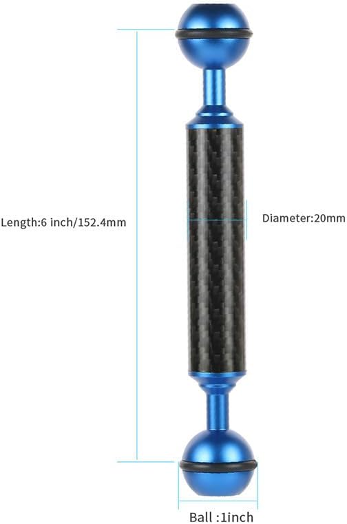 Carbon Fiber Underwater Float Arm, 1-inch Dual Ball Buoyancy Arm for Underwater Camera Tray, Video Light & Strobe for Scuba Diving Photography & Videography (Blue, 6 inches)