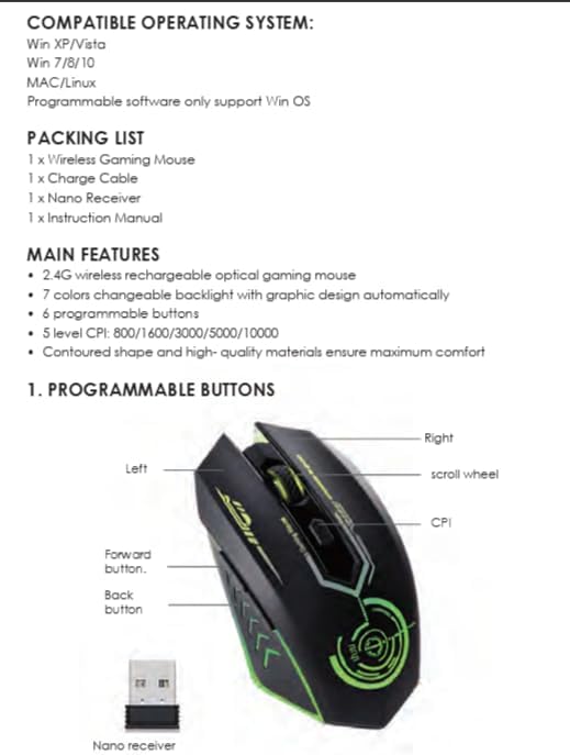 Wireless Gaming Mouse Bluetooth Mouse RGB Rechargeable 2.4G USB Cordless Computer Mice with 7 Color Backlit, 6 Buttons & Silent Click for Laptop, iPad, Mac OS, PC, Windows -Black