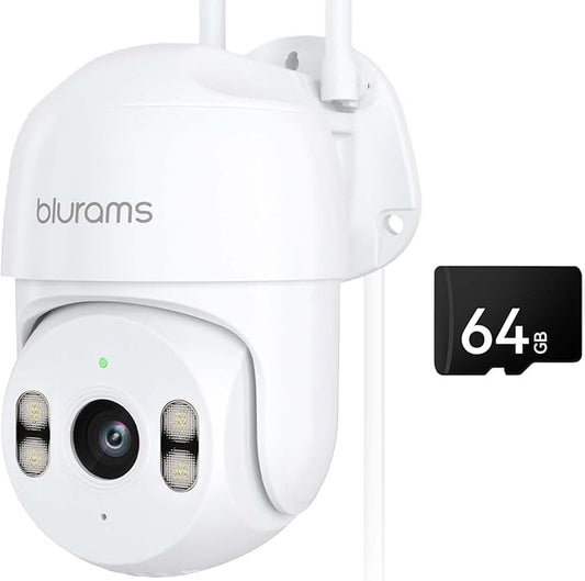 blurams 2K Security Camera Outdoor, 360° PTZ Outside Cameras for Home Security, Color Night Vision, Motion Tracking, Two-Way Audio, IP66, 2.4GHz Camera with 64GB SD Card, Compatible with Alexa