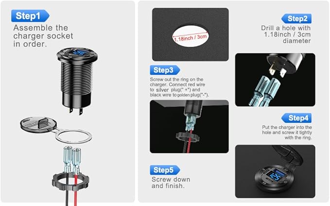12V USB Car Socket Round USB C 12V Outlet, 3-Port Marine Fast Charger Waterproof Cigarette Outlet Replacement Aluminum with Switch & Voltmeter, Suitable for Boat Golf Cart RV Motorcycle Truck