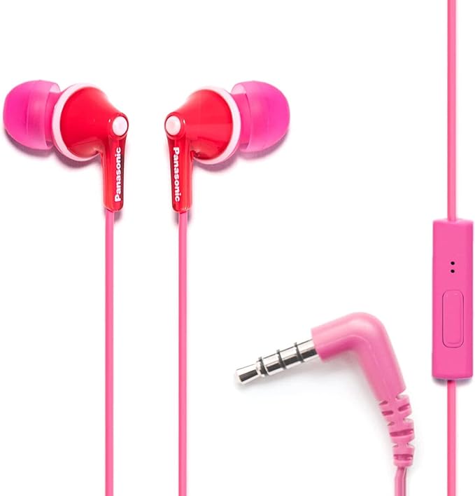 Panasonic ErgoFit Wired Earbuds With Microphone, 3.5mm Jack Wired Headphones with Mic and Call Controller, Ergonomic Custom-Fit Earpieces (S/M/L), for Phones and Laptops - RP-TCM125-P (Pink)