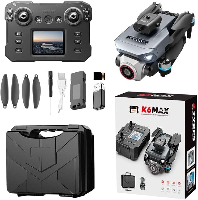 RC Drone with Built-In Screen Remote, Dual Camera for Adults 4K ,𝐁𝐫𝐮𝐬𝐡𝐥𝐞𝐬𝐬 𝐌𝐨𝐭𝐨𝐫𝐬 𝐟𝐨𝐫 𝐒𝐦𝐨𝐨𝐭𝐡 & 𝐒𝐭𝐚𝐛𝐥𝐞 Optical-Flow Hover, Four-Way Obstacle Avoidance, Two Batteries, LED Lights, Impact-Resistant Shell Memory Card, Card Reader, Handbag