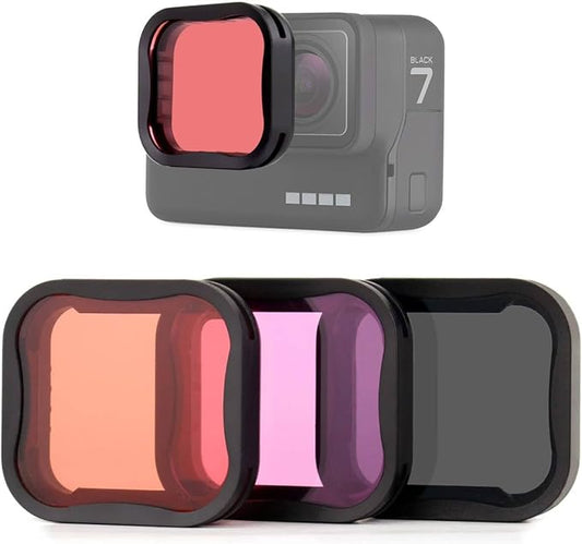 3 Pack Camera Lens Filter Set for GoPro Hero 5/6/7 Black/Hero (2018) Cameras, ND8 Filter Dive Filters(Light Red and Magenta Filter) - Used on Camera Lens Directly