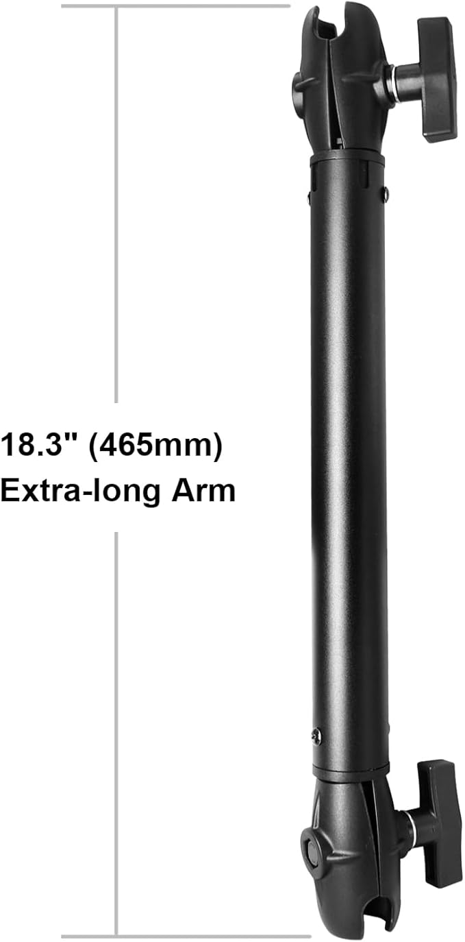 Aluminum Extension(18.3"/46.5cm) Double Socket Arm for 1.5 Inches / C Size / 38mm Ball Accessories, Powerful Clamp, 360° Rotation, Compatible with RAM Mount, iBolt and More