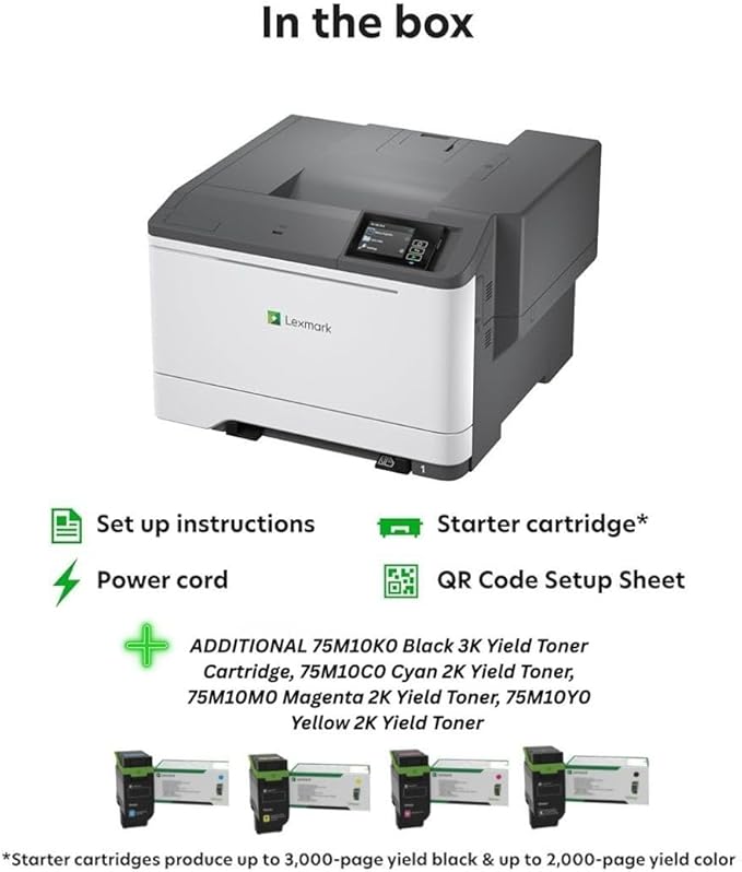 LEXMARK CS531dw Color Laser Wireless Printer (50M0020), Bundle with 75M10K0 Black 3K Yield Toner, 75M10C0 Cyan 2K Yield Toner, 75M10M0 Magenta 2K Yield Toner, 75M10Y0 Yellow 2K Yield Toner