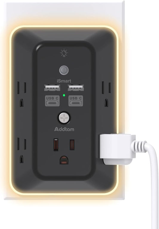 Surge Protector, Outlet Extender with Night Light, Addtam 5-Outlet Splitter and 4 USB Ports(2 USB C), USB Wall Charger Power Strip, Multi Plug Wall Outlet for Home, Office, School, Black