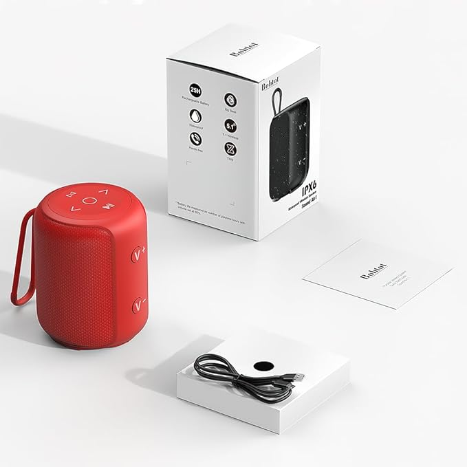 Bobtot Portable Speaker Bluetooth, IPX6 Shower Speaker Waterproof, 15H Playing Time, Loud and Stereo Sound with Bass, Dual Pairing for Party, Camping, Travel, Red
