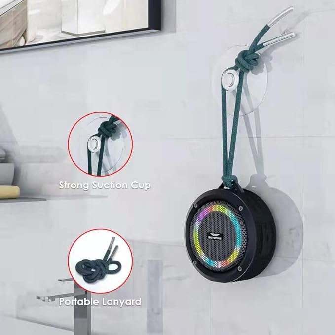 Bluetooth Shower Speaker, Soundace S6 IPX7 Waterproof Portable Speaker with Suction Cup Hook Lanyard TWS RGB Lights,Wireless Mini for Bike,Boating,Hiking Outdoor(Black)