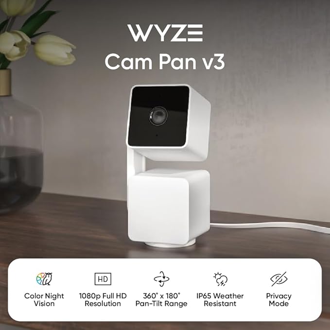 WYZE Cam Pan v3, Indoor/Outdoor IP65-Rated 1080p Pan/Tilt/Zoom Wi-Fi Smart Home Security Camera with Color Night Vision, 2-Way Audio, Compatible with Alexa & Google Assistant, Free Expert Setup