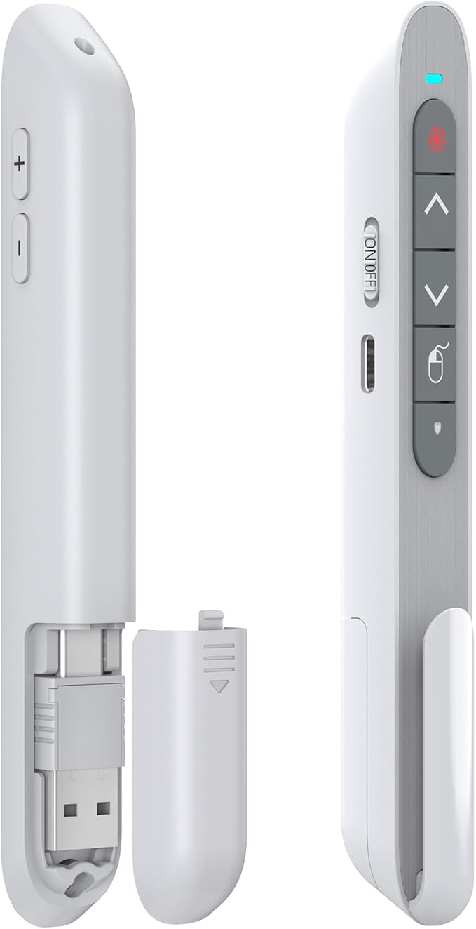DINOSTRIKE White Presentation Clicker with Air Mouse Control, USB Type C Wireless Presenter Remote Clicker for Powerpoints Slide RF 2.4GZ Slide Advancer for Computer Laptop Mac