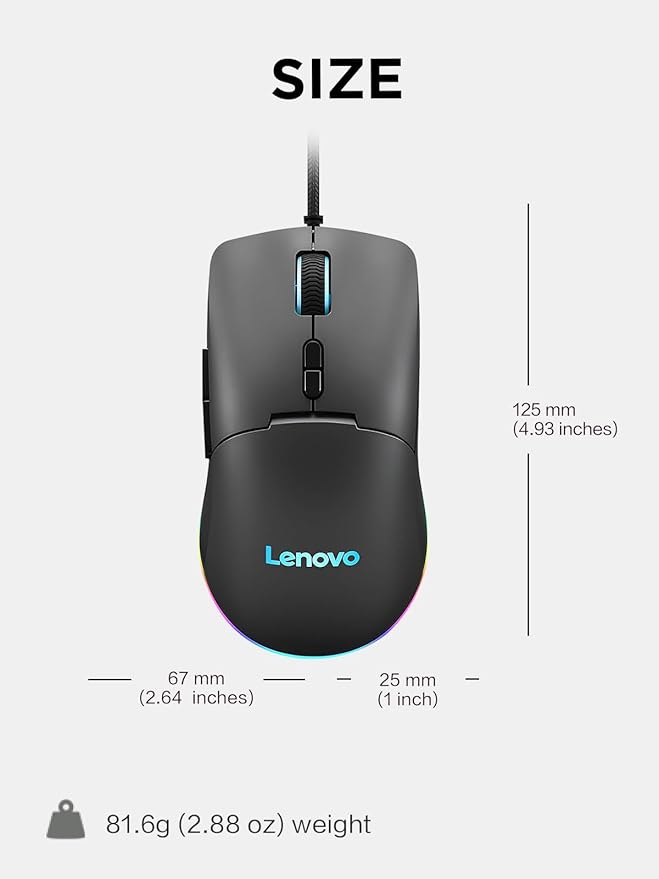 Lenovo M210 RGB Wired Gaming Mouse for PC, Laptop, Computer with Windows & Chrome OS - 3 Zone RGB, 8000 DPI Adjustable Sensor, 7 Programmable Buttons – Palm Grip Mouse for Gamers (Black)