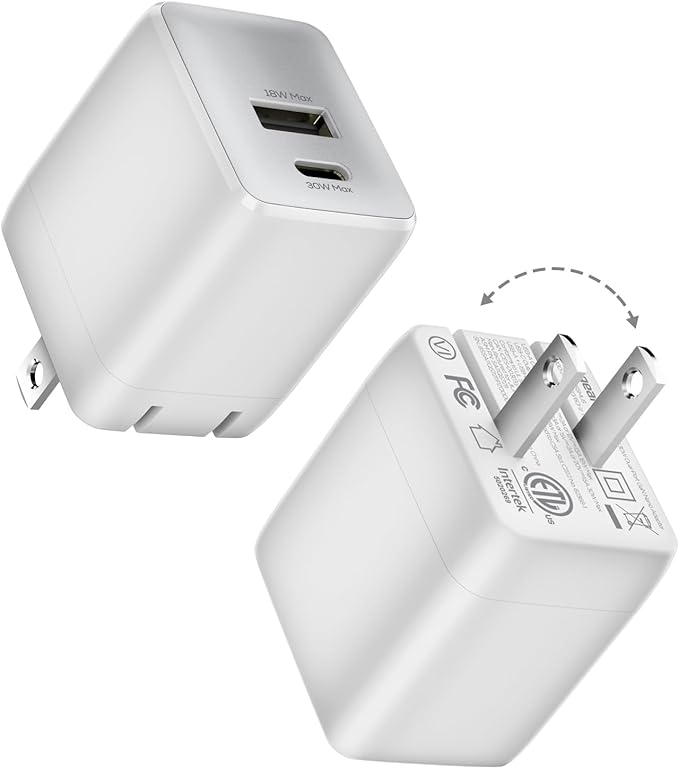 USB C Fast Charging Charger, 30W Dual-Port GaN Nano Charger with Foldable Plug for iPhone 16/15 Series, iPad, Galaxy S24 Ultra and More Series, (White, 2 Pack)