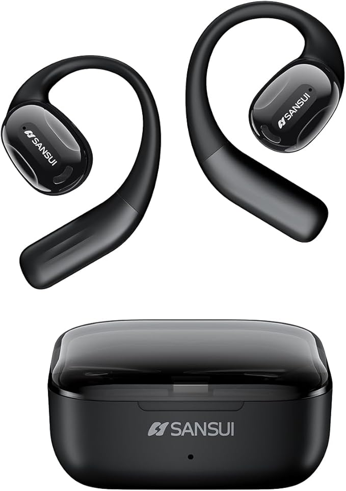 SANSUI Open Ear Headphones,Wireless Earbuds with Ergonomic Earhook,Bluetooth Headphones 5.4 with Noise Cancelling Mic,56H Playtime,IP55 Waterproof Ear Buds for Cycling,Running,Workout(Black)