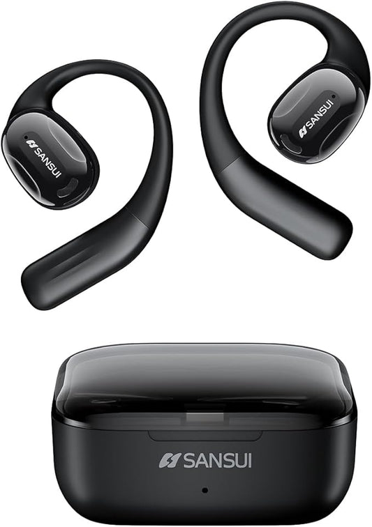 SANSUI Open Ear Headphones,Wireless Earbuds with Ergonomic Earhook,Bluetooth Headphones 5.4 with Noise Cancelling Mic,56H Playtime,IP55 Waterproof Ear Buds for Cycling,Running,Workout(Black)