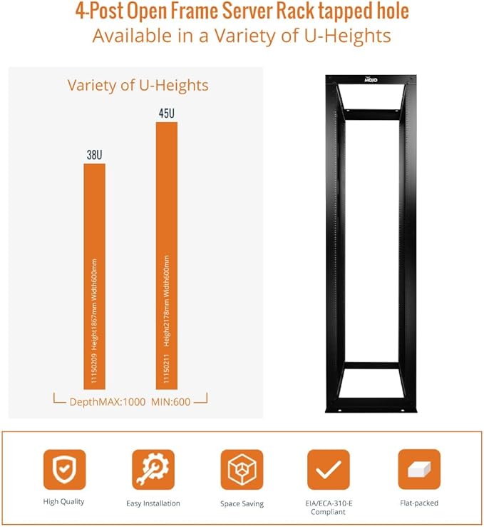 Tecmojo 45U 4-Post Open Frame Server Rack, Adjustable Depth 23.6 inch-39.3 inch – 19" Network, Server, AV, Data & IT Equipment, Telecom & Patch Panel Mount, 3450 lbs Capacity, Black,Tapped Hole