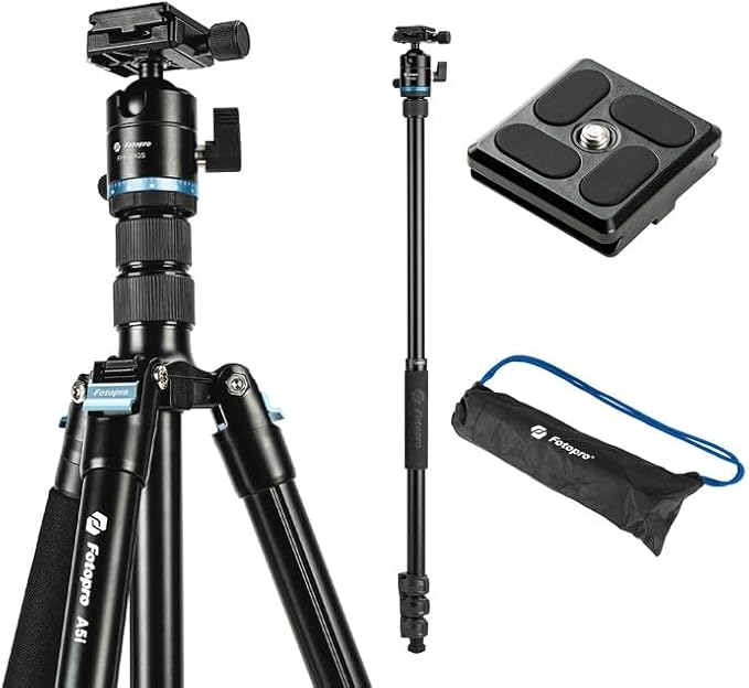 Fotopro 73" Camera Tripod, Aluminum Compact Travel Tripod and Monopod with 360° Ball Head Quick Release Plate, Professional Camera Tripod for DSLR, A4I A5I (Blue, 80 Inch)